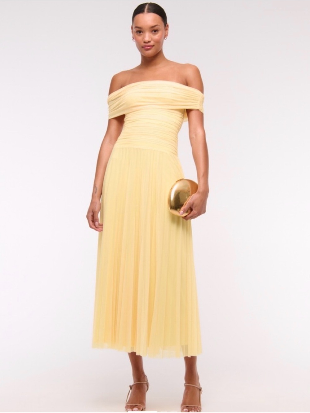 Abercrombie & Fitch Off-Shoulder Yellow Pleated Maxi Dress